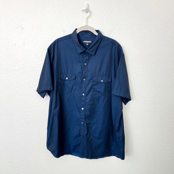 [Express] Blue Short Sleeve Casual Button Down Shirt 100% Cotton Metallic Sz XXL - Picture 1 of 10